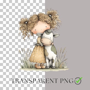 May include: A watercolor illustration of a girl hugging a calf. The girl has curly brown hair and wears a yellow dress with brown boots. The calf is white with gray spots. The text "TRANSPARENT PNG" is at the bottom.