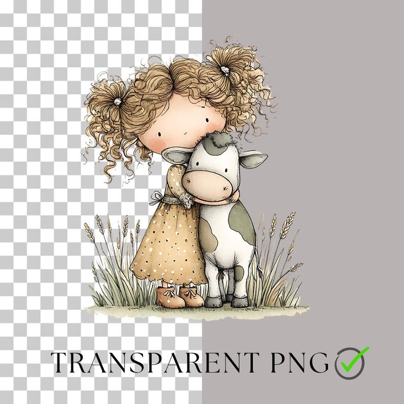 May include: A watercolor illustration of a girl hugging a calf. The girl has curly brown hair and wears a yellow dress with brown boots. The calf is white with gray spots. The text "TRANSPARENT PNG" is at the bottom.