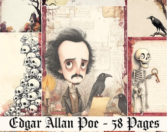 May include: A vintage-style illustration of Edgar Allan Poe, featuring a black raven, a skull, and a spooky, gothic aesthetic. The image is titled "Edgar Allan Poe - 58 Pages".