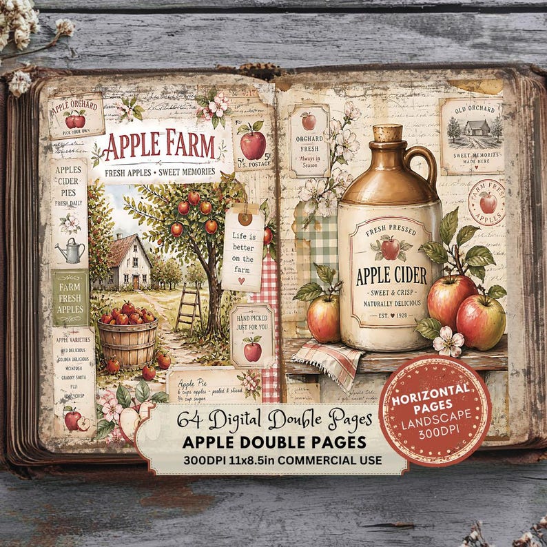 Apple Harvest Double Pages, Fall Cottagecore Journal Kit, Rustic Orchard Ephemera, Cozy Farmhouse Papers image 9
