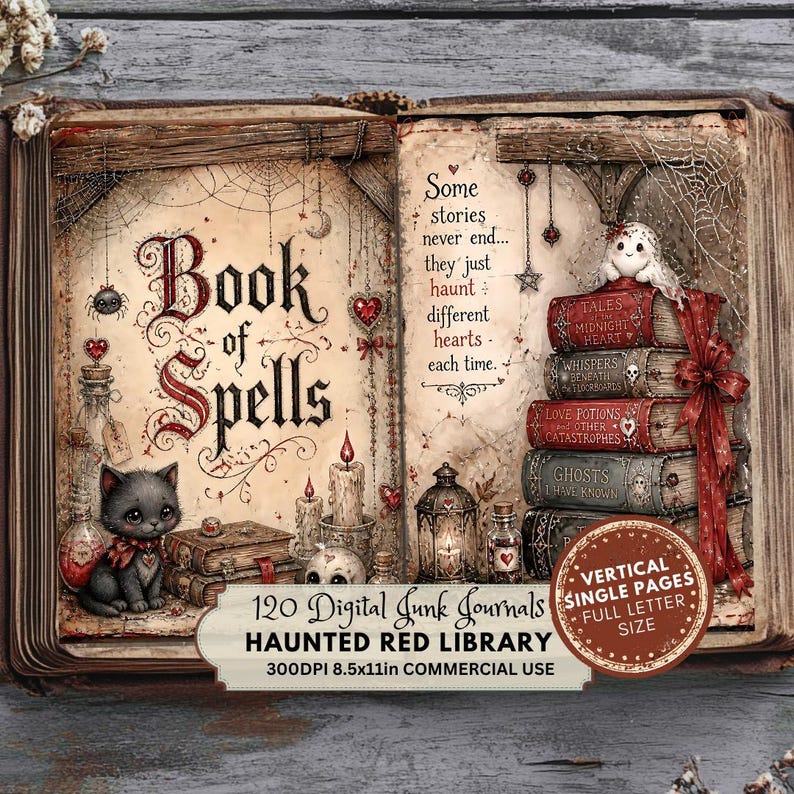 May include: An open book titled Book of Spells featuring a black cat, candles, and a stack of red books with the text Some stories never end... they just haunt different hearts - each time. Includes 120 digital junk journals, 300DPI, 8.5x11in.