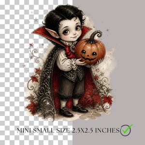 Puede incluir: Una ilustraci&oacute;n de dibujos animados de un ni&ntilde;o vampiro con cabello negro y orejas puntiagudas, vistiendo una capa negra y roja, sosteniendo una calabaza naranja. El texto dice MINI SMALL SIZE 2.5X2.5 INCHES con un icono de marca verde.