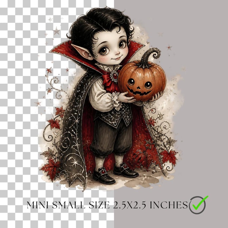 Puede incluir: Una ilustraci&oacute;n de dibujos animados de un ni&ntilde;o vampiro con cabello negro y orejas puntiagudas, vistiendo una capa negra y roja, sosteniendo una calabaza naranja. El texto dice MINI SMALL SIZE 2.5X2.5 INCHES con un icono de marca verde.
