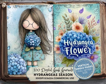 Hydrangea Junk Journal, Vintage Scrapbook, Handmade Craft Supplies, Floral Stationery Gift