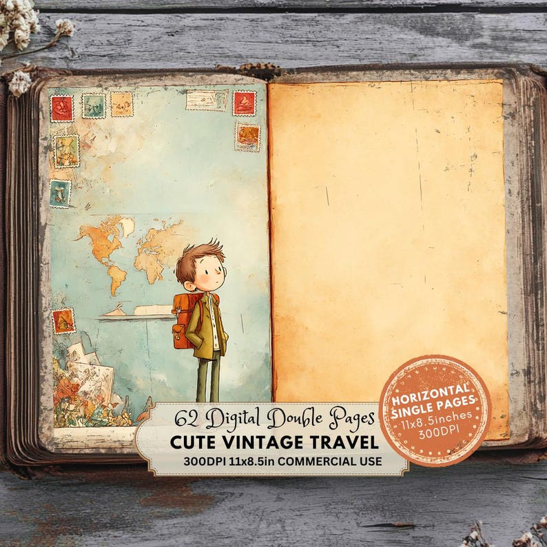 Peut inclure: Un journal de style vintage avec une illustration mignonne d'un gar&ccedil;on avec un sac &agrave; dos sur la couverture. Le journal a 62 pages doubles, mesure 11x8,5 pouces et a une r&eacute;solution de 300 DPI. Le texte sur la couverture est "62 Digital Double Pages Cute Vintage Travel 300DPI 11x8.5in Commercial Use".