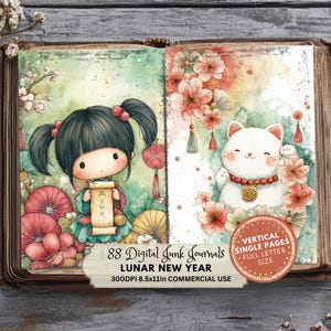 Pode incluir: Diário digital com tema de Ano Novo Lunar. O diário apresenta ilustrações de uma menina e um gato, rodeados por flores e lanternas. O diário tem 21,59 cm x 27,94 cm e tem páginas únicas verticais.