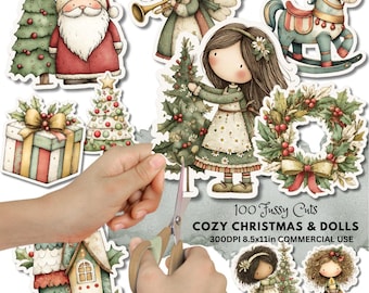 May include: A collection of watercolor Christmas and doll-themed stickers. The stickers include Santa Claus, Christmas trees, angels, a rocking horse, a gift, a wreath, and a house. The text "100 Fussy Cuts COZY CHRISTMAS & DOLLS" is also visible.