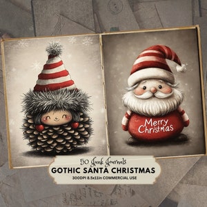 50 páginas de diario basura góticas navideñas / Papeles digitales navideños vintage con Papá Noel gótico, piña, elfo, árbol espeluznante y personajes navideños