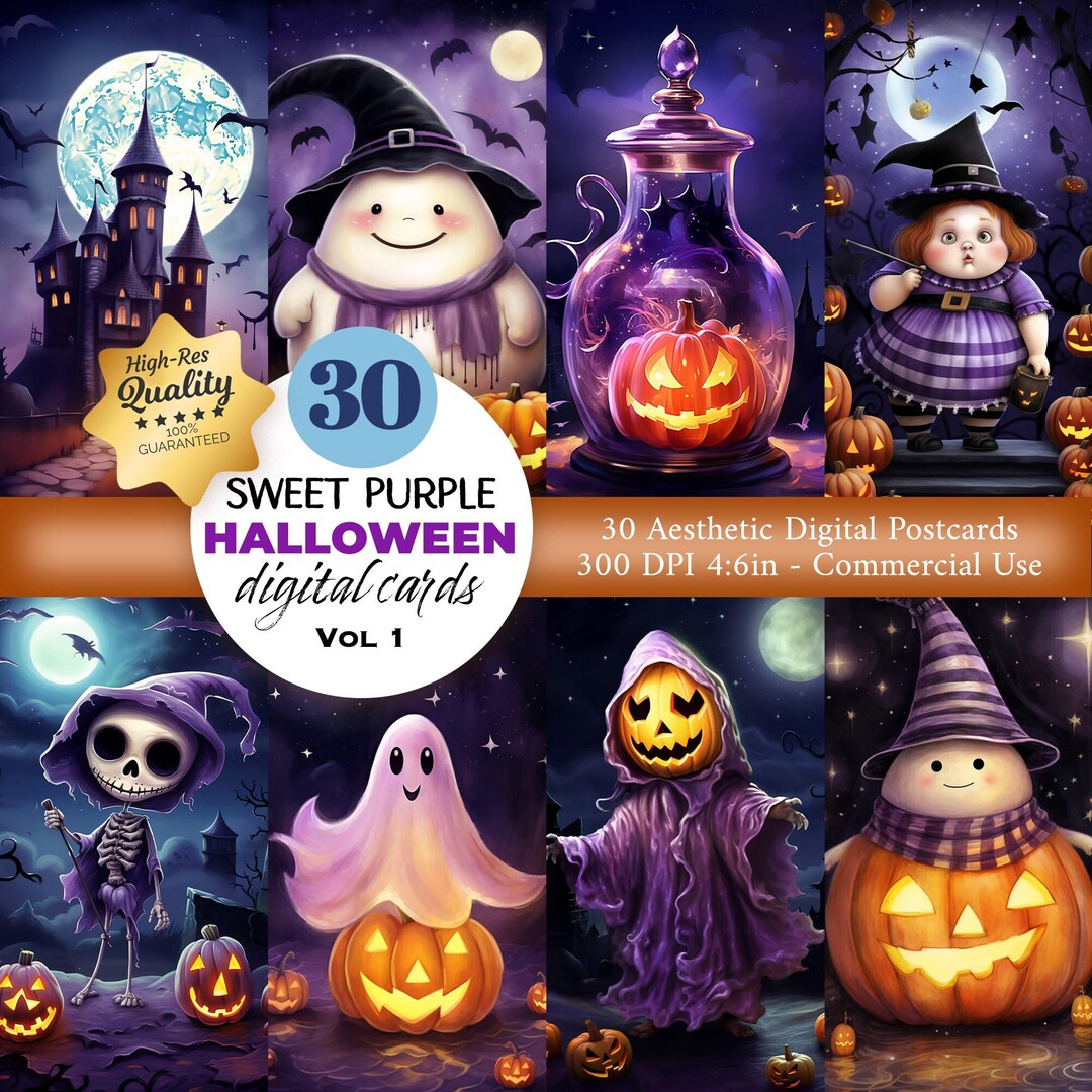 30 Sweet Purple Halloween Postcard & Poster Set (digital Download