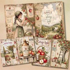 May include: A collection of decorative paper sheets featuring apple orchard themes, including illustrations of a person picking apples, baskets of red apples, apple cider jugs, ladders, and farmhouses, with printed text such as Apple Farm and Cottage Apple.