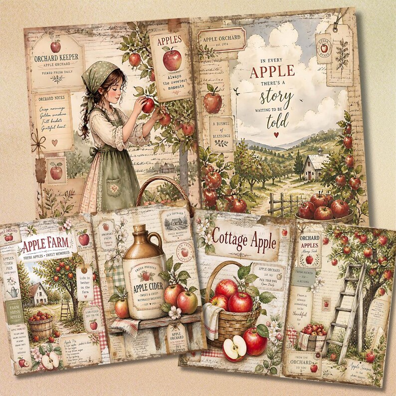 May include: A collection of decorative paper sheets featuring apple orchard themes, including illustrations of a person picking apples, baskets of red apples, apple cider jugs, ladders, and farmhouses, with printed text such as Apple Farm and Cottage Apple.