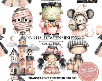 Clipart de Halloween rosa: Gráficos PNG espeluznantes (descarga digital de 3 x 3 pulgadas)