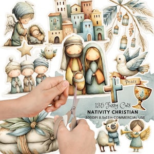 Pode incluir: Ilustrações em aquarela de uma cena de Natal, incluindo a Sagrada Família, anjos e uma pomba com uma faixa que diz "Paz". A imagem também inclui uma cidade, uma estrela e outros elementos religiosos. O texto diz "135 Fussy Cuts, Nativity Christian, 300DPI 8.5x11in Commercial Use".