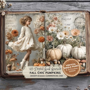 Op de afbeelding: Een digitale junk journal spread met een vintage esthetiek. De afbeelding toont een jong persoon in een crèmekleurige jurk, pompoenen, bloemen en de tekst "Sweet autumn" en "Harvest time". Het journal is 21,6 x 27,9 cm groot.
