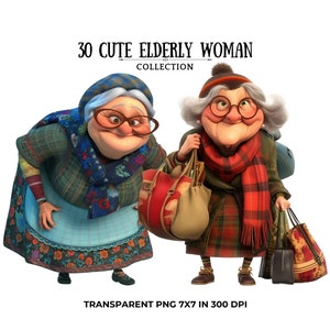 Clipart 3D mignon de femme âgée dans des vêtements d'hiver confortables et des lunettes, style dessin animé amusant, vieille dame drôle PNG, clipart femmes âgées drôle PNG