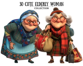 Funny Elderly Woman Clipart: Cozy Winter Cartoon PNG (7x7 in)