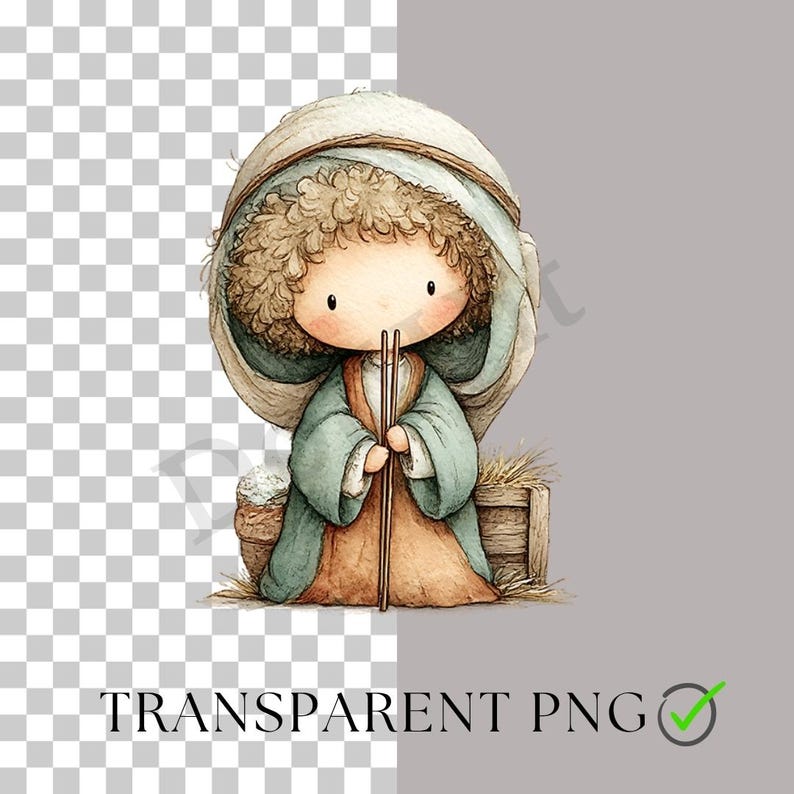 May include: Watercolor illustration of a cartoon character in a robe, holding two sticks. The character has curly hair and is wearing a head covering. A basket and wooden crate are in the background. The text "TRANSPARENT PNG" is at the bottom.
