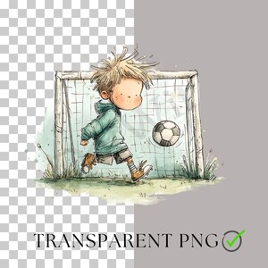 May include: A watercolour illustration depicts a child kicking a football towards a goal. The child wears a green jacket, shorts, and brown shoes. The football is black and white. The text "TRANSPARENT PNG" is at the bottom of the image.