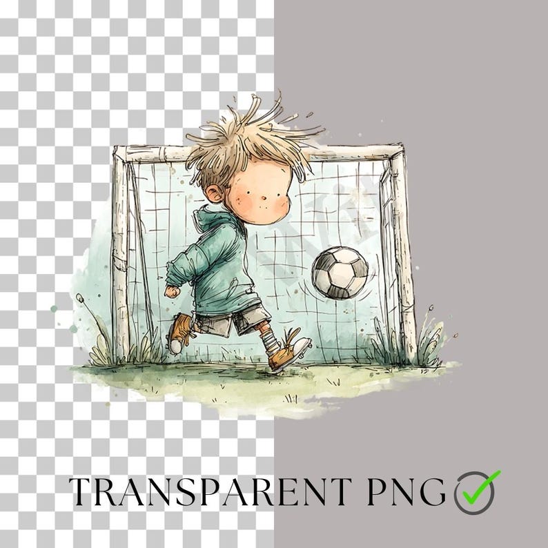 May include: A watercolour illustration depicts a child kicking a football towards a goal. The child wears a green jacket, shorts, and brown shoes. The football is black and white. The text "TRANSPARENT PNG" is at the bottom of the image.