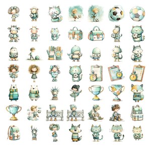 May include: A collection of watercolour illustrations featuring animals, children, and objects, all with a soccer theme. The images use a soft colour palette of blues, greens, and yellows. The collection includes soccer balls, trophies, and characters holding soccer balls.
