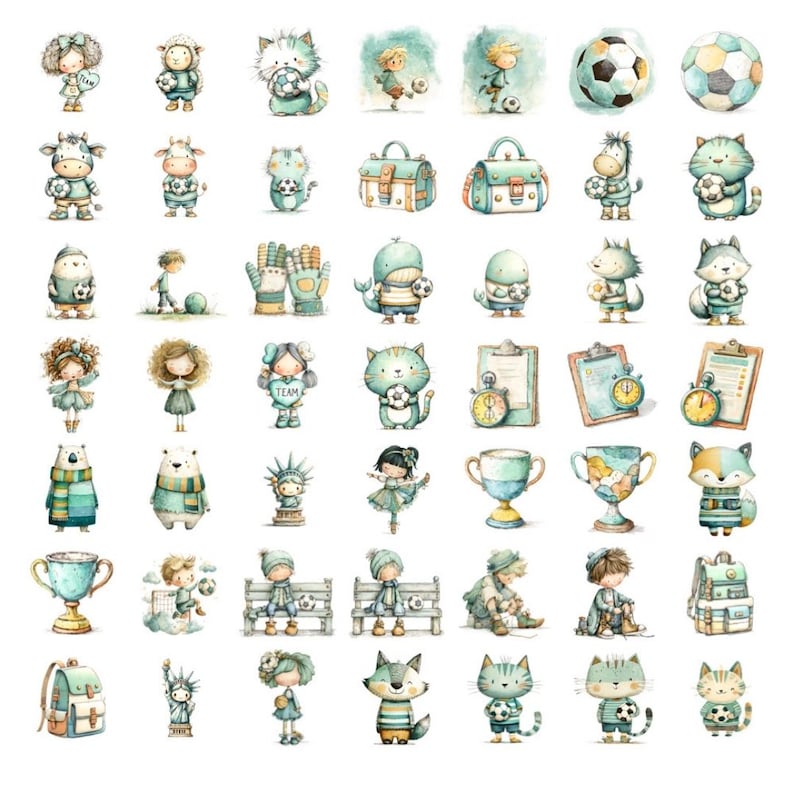 May include: A collection of watercolour illustrations featuring animals, children, and objects, all with a soccer theme. The images use a soft colour palette of blues, greens, and yellows. The collection includes soccer balls, trophies, and characters holding soccer balls.