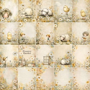 Peut inclure: Un collage d'illustrations sur le th&egrave;me du jardin de campagne. Les images pr&eacute;sentent des enfants, des moutons, des poussins et des marguerites dans un style doux et vintage. Certaines images incluent le texte "Country Garden."