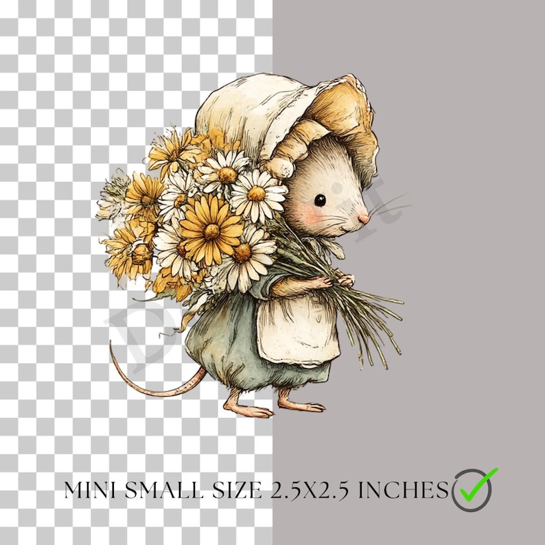 Puede incluir: Ilustraci&oacute;n en acuarela de un rat&oacute;n con gorro y delantal, que lleva un gran ramo de margaritas amarillas y blancas. La imagen est&aacute; etiquetada como "MINI SMALL SIZE 6,35x6,35 cm".