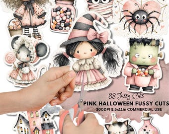 Pink Halloween Fussy Cuts: Pastel Ephemera Stickers for Journals, Hand-Drawn Style (Digital Download)