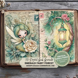 May include: Open book with digital art featuring a fairy with green hair and wings, holding a cream-colored rose. The artwork includes a lantern, roses, and the text "72 Digital Junk Journals Emerald Fairy Forest 8.5x11 inches".