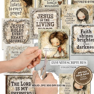 May include: A collection of faith-based scripture cards with illustrations of children and inspirational quotes. The cards feature phrases like "Jesus is the Living Word" and "Faith shines brighter than darkness." A pair of scissors is cutting one of the cards.