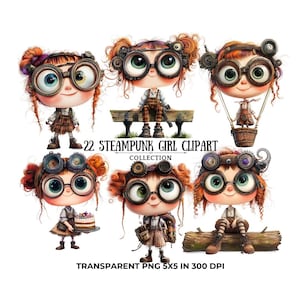 Clipart de chica steampunk, PNG de fantasía vintage, arte digital de acuarela para manualidades, álbumes de recortes y diarios, clipart de chicas peculiares, chicas divertidas