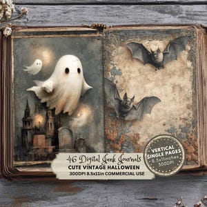 May include: An open book with Halloween-themed illustrations. One page shows a ghost and castle, the other has bats. Text reads "46 Digital Junk Journals, Cute Vintage Halloween, 300DPI 8.5x11in Commercial Use" and "Vertical Single Pages 8.5x11 inches 300DPI".