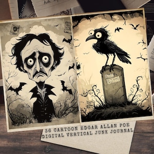 Diario basura de Edgar Allan Poe, kit de descarga digital, manualidad gótica de Halloween, material efímero imprimible para álbumes de recortes, Poe en estilo de dibujos animados