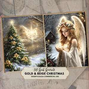 Kit de diário de Natal Golden Beige Junk | Papéis digitais de mídia mista | Páginas de diário imprimíveis douradas | Papéis de diário | Criação de cartões