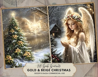 Golden Christmas Junk Journal Kit: Beige Mixed Media Papers (Digital Download Pages)