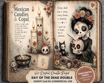Day of the Dead Double Pages, Dia de los Muertos Journal Kit, Catrina Ephemera Papers (Digital Download)