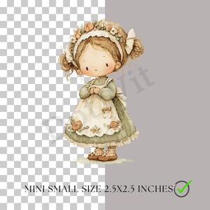 May include: Watercolor illustration of a doll-like girl in a green dress and apron, adorned with a floral headband. The image includes the text "MINI SMALL SIZE 2.5X2.5 INCHES".