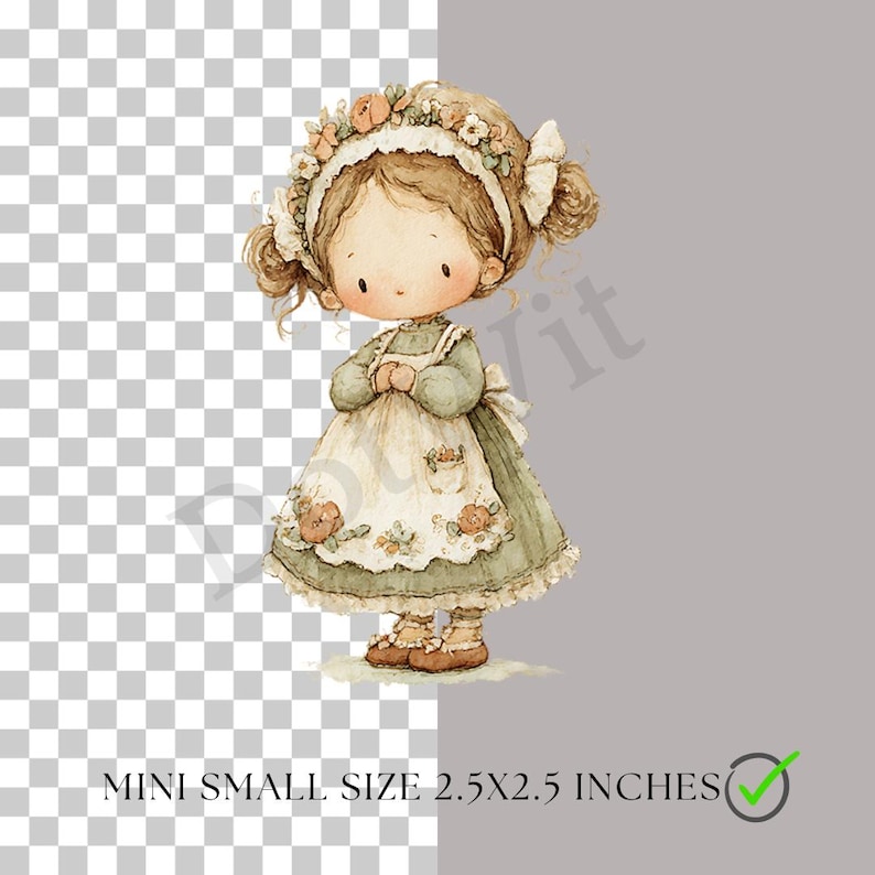 May include: Watercolor illustration of a doll-like girl in a green dress and apron, adorned with a floral headband. The image includes the text "MINI SMALL SIZE 2.5X2.5 INCHES".