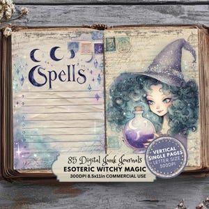 Puede incluir: Diario vintage abierto con la palabra "Spells" escrita en la página izquierda. La página derecha presenta una ilustración en acuarela de una bruja con cabello azul y un sombrero morado. Sostiene una botella con una luna creciente. El texto incluye "85 Digital Junk Journals".
