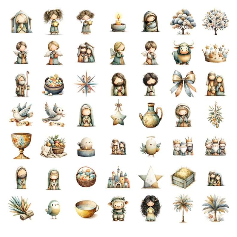 May include: A collection of watercolor illustrations featuring religious figures and symbols. The images include angels, the nativity scene, doves, stars, and other elements associated with the Christmas holiday. The color palette is soft, with muted tones of blue, green, and gold.