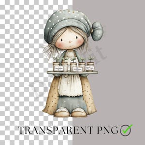 K&ouml;nnte beinhalten: Aquarellillustration einer puppenartigen Figur in blauem Kleid, gepunkteter Nachtm&uuml;tze und beiger Sch&uuml;rze. Die Figur h&auml;lt ein Tablett mit vier kleinen Topfpflanzen, die jeweils mit einem handgeschriebenen Namen beschriftet sind. Das Bild hat einen transparenten Hintergrund und den Text "TRANSPARENT PNG".