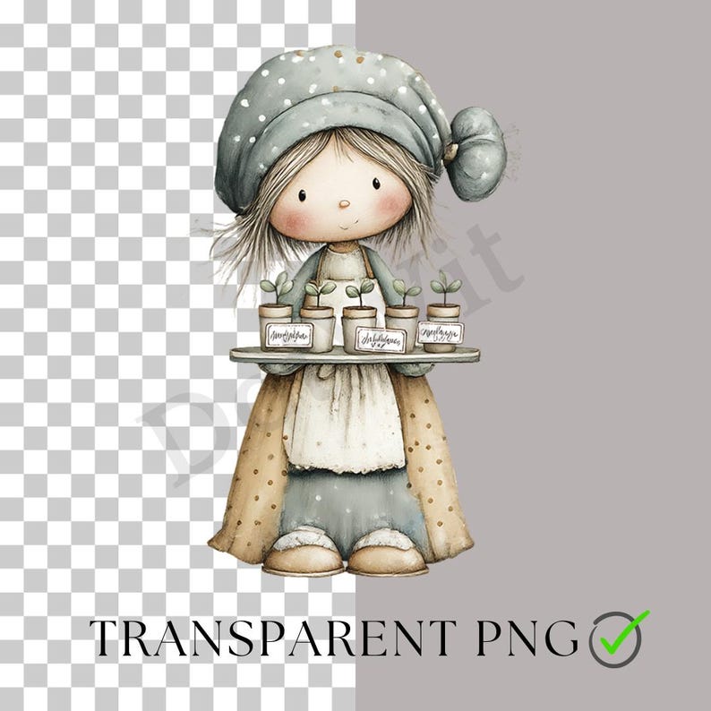 K&ouml;nnte beinhalten: Aquarellillustration einer puppenartigen Figur in blauem Kleid, gepunkteter Nachtm&uuml;tze und beiger Sch&uuml;rze. Die Figur h&auml;lt ein Tablett mit vier kleinen Topfpflanzen, die jeweils mit einem handgeschriebenen Namen beschriftet sind. Das Bild hat einen transparenten Hintergrund und den Text "TRANSPARENT PNG".