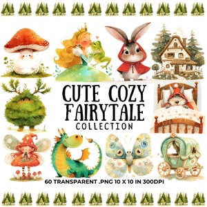 Lindo cuento de hadas Clipart PNG Descarga digital, Acuarela de caperucita, Bosque encantado para guardería, Princesa, Hada, Animales del bosque, PNG