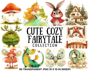 Watercolor Fairytale Clipart: Woodland Animals, Princess (PNG Digital Download)