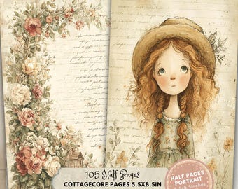 Cottagecore Half Pages: Vintage Floral Printable Journaling Papers (Digital Download, Portrait 5.5x8.5in)