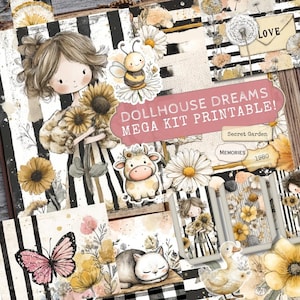 Może przedstawiać: Kolaż scrapbookowy o estetyce vintage. Zawiera ilustracje dziewczyny ze słonecznikami, pszczoły, krowy, kota i motyla. Tekst "DOLLHOUSE DREAMS MEGA KIT PRINTABLE!" jest wyświetlany na różowym banerze.