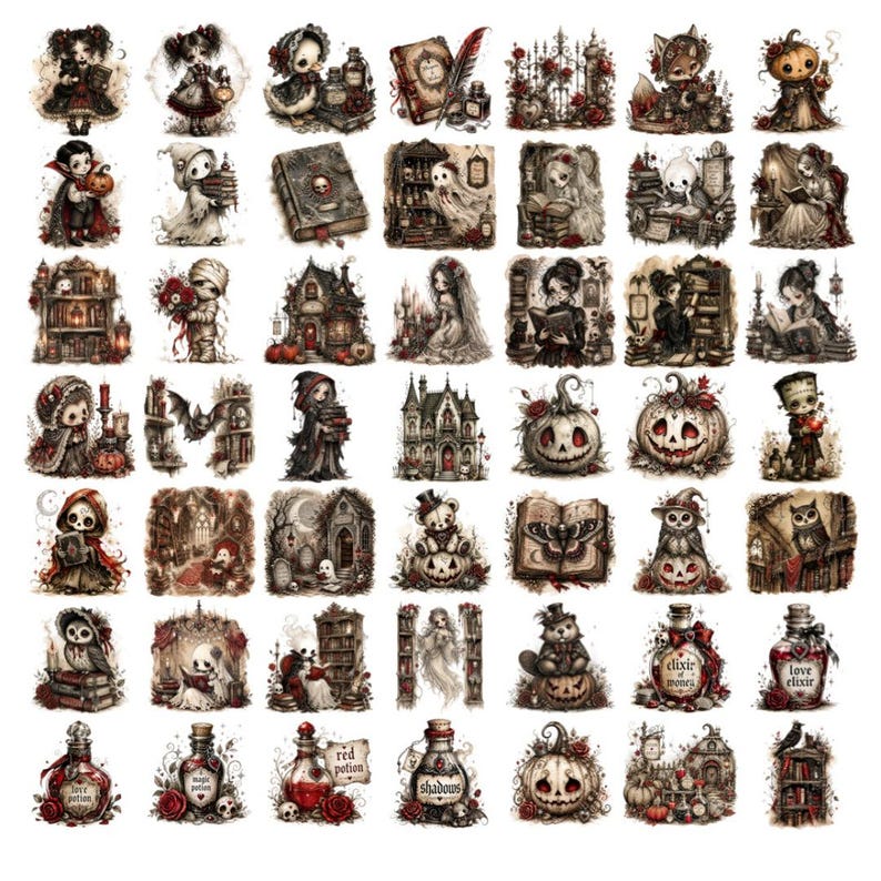 Puede incluir: Una colecci&oacute;n de cuarenta y ocho ilustraciones individuales con temas g&oacute;ticos y espeluznantes, que incluyen personajes como fantasmas, momias, b&uacute;hos y calabazas, junto con libros antiguos, frascos de pociones con texto y estructuras oscuras.