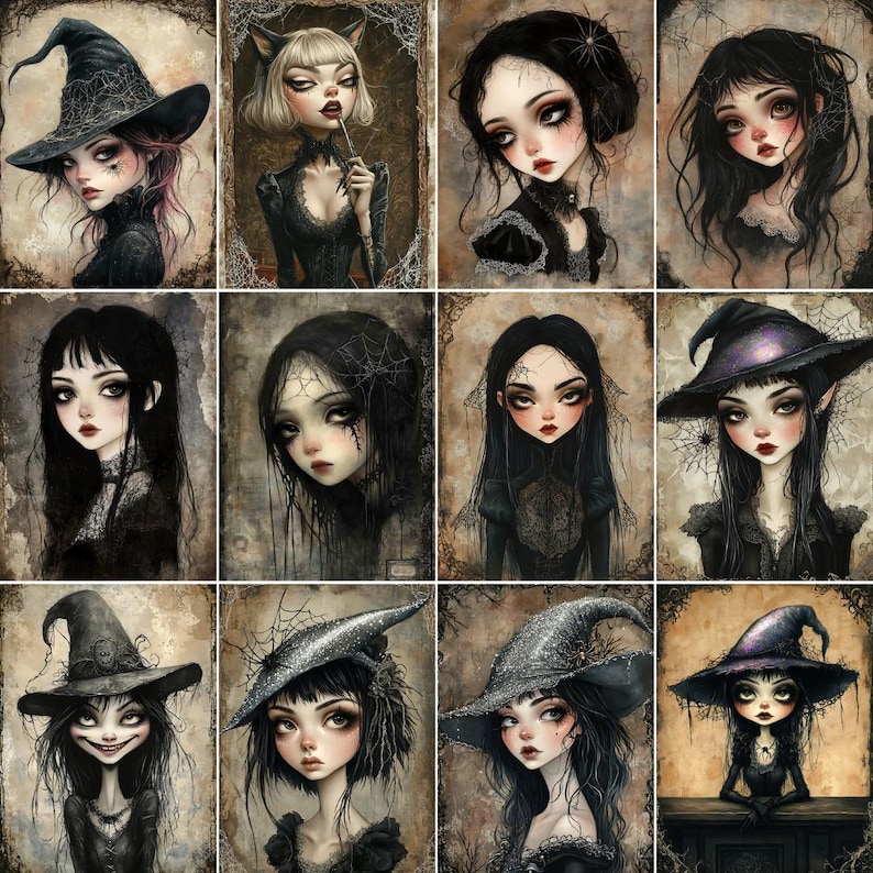 May include: A collage of ten digital illustrations of women with dark hair and gothic clothing. Each woman is wearing a different hat, including a witch's hat, a wide-brimmed hat, and a top hat. The women are all looking at the viewer with a variety of expressions.