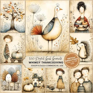 Può includere: Una raccolta di pagine di diario digitale con illustrazioni stravaganti di un uccello, un albero con ghiande, bambini, un riccio e una casa. Il testo recita 100 Digital Junk Journals WHIMSY THANKSGIVING 300DPI 21,6x27,9cm COMMERCIAL USE.
