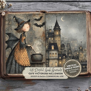 May include: An open book illustration with a Victorian Halloween theme. A witch with a black hat and wings stirs a cauldron. The background features a spooky town under a crescent moon. Text reads: "48 Digital Junk Journals, Cute Victorian Halloween, 8.5x11 inches, 300 DPI."